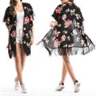 Patterned Elbow-sleeve Open-front Chiffon Jacket