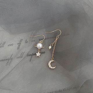 Non-matching Faux Pearl Moon & Star Dangle Earring 1 Pair - As Shown In Figure - One Size