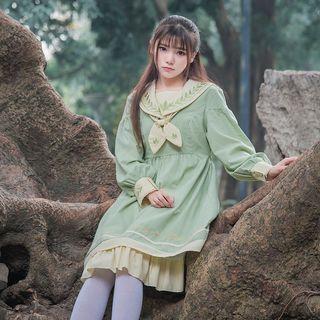 Leaf Embroidered Sailor Collar Long Sleeve Dress