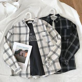 Color-block Plaid Single-breasted Fleece Blouse