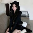 Long-sleeve Cat Ear Hooded Zip Mini Bodycon Dress Black - One Size