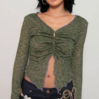 Ruffled Trim Long-sleeve V-neck Crop Top