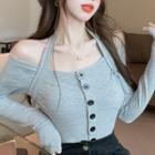 Long-sleeve Halter-neck Off-shoulder Button-up Crop Top