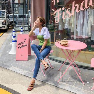 Puff-sleeve Knit Panel Blouse