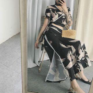 Set: Crane V-neck Top + High-waist Wide-leg Pants