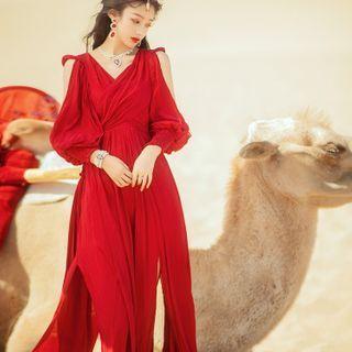 Cold-shoulder Tie-front Midi A-line Dress