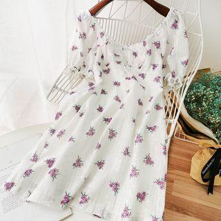 Floral Print Crochet Puff-sleeve Dress