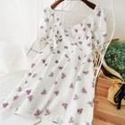 Floral Print Crochet Puff-sleeve Dress