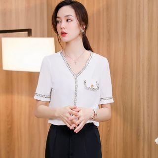Short-sleeve Tweed Trim Blouse / Pencil Skirt / Straight Leg Pants