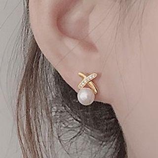 Cross Rhinestone Freshwater Pearl Earring 1 Pair - Gold - One Size