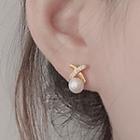 Cross Rhinestone Freshwater Pearl Earring 1 Pair - Gold - One Size