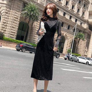 Set: Long-sleeve Glitter Mesh Top + Spaghetti-strap Midi A-line Dress