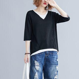 Mock Two-piece V-neck Knit T Shirt