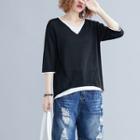 Mock Two-piece V-neck Knit T Shirt