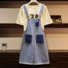 Set: Elbow-sleeve Printed T-shirt + Wide-leg Beaded Wide-leg Denim Dungaree Shorts