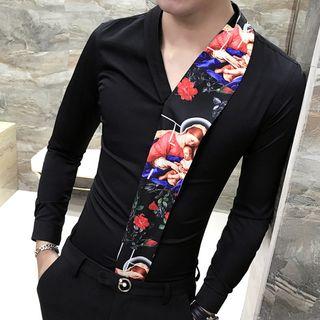 V-neck Floral Print Panel Shirt