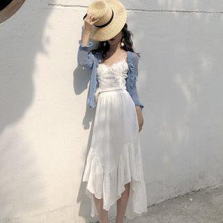 Spaghetti Strap Lace Top / Asymmetric Ruffled A-line Midi Skirt / Perforated Knit Light Jacket