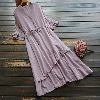 3/4-sleeve Embroidered Stand Collar Midi Dress