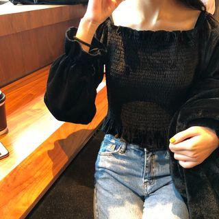 Long-sleeve Velvet Smocked Top Black - One Size