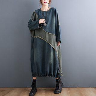 Long-sleeve Distressed Denim Midi Smock Dress