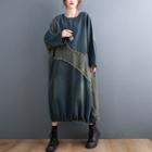Long-sleeve Distressed Denim Midi Smock Dress