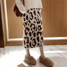 Leopard Print Midi Knit Skirt Beige & Coffee - One Size