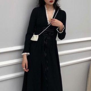Ruffled V-neck A-line Midi Dress