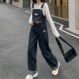 Letter Embroidered Denim Camisole Top / Wide Leg Jeans