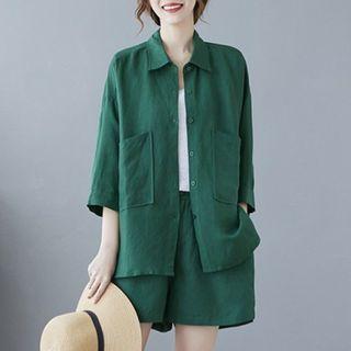 Set: Elbow-sleeve Plain Blouse + Wide Leg Shorts