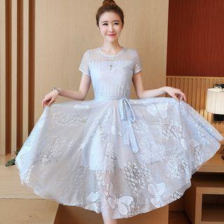 Short-sleeve Sheer A-line Midi Dress