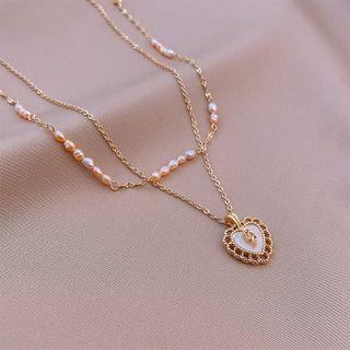 Heart Pendant Freshwater Pearl Layered Necklace White Freshwater Pearl - Gold - One Size
