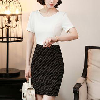 Short-sleeve Pinstriped Panel Sheath Dress