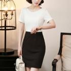 Short-sleeve Pinstriped Panel Sheath Dress