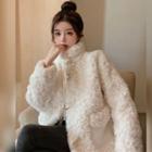 Buckled Stand-collar Fleece Jacket Milky White - One Size