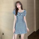 Puff-sleeve Gingham Mini A-line Dress