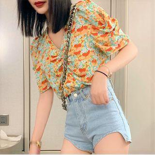 Puff-sleeve Floral Chiffon V-neck Top
