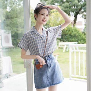 Plaid Short-sleeve Blouse Plaid - Blue - One Size