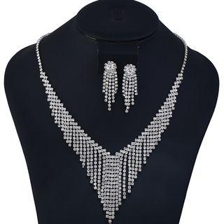 Set: Rhinestone Fringed Necklace + Earring White - One Size