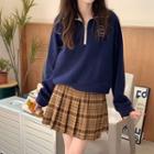 Half-zip Lettering Sweatshirt / Plaid Pleated Mini A-line Skirt