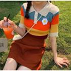 Short-sleeve Color Block Knit Polo Shirt Blue & Orange & Yellow - One Size