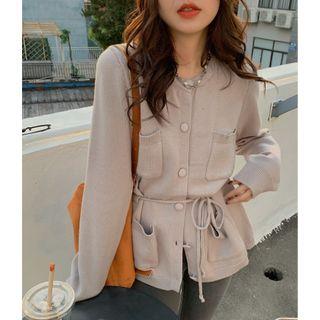 Round Neck Plain Loose-fit Cardigan Almond - One Size