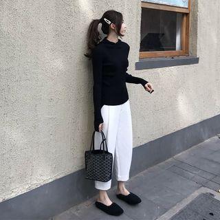 Hooded Rib Knit Top / Cropped Harem Pants