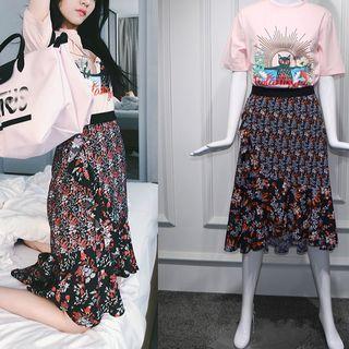 Cat Print Short-sleeve T-shirt / Printed Midi Skirt / Set: Cat Print Short-sleeve T-shirt + Printed Midi Skirt