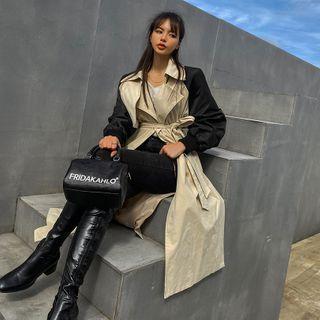 Contrast-sleeve Long Trench Coat Beige - One Size