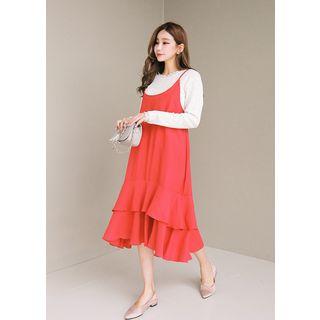 Spaghetti-strap Ruffle Tiered-hem Long Dress