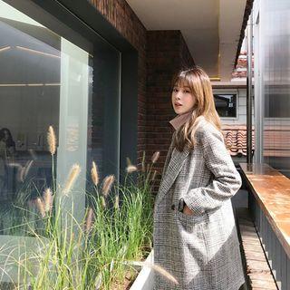 Double-breasted Glen Plaid Coat Black - One Size