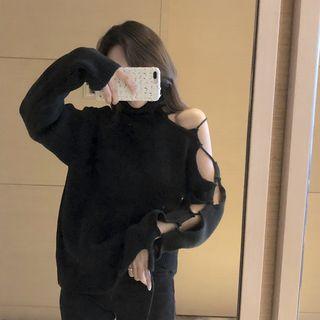 Lace-up Long-sleeve Top Black - One Size