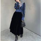 Patchwork Striped Knit Top / Velvet High-waist Midi Skirt