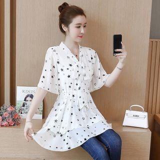 Elbow-sleeve Star Patterned Chiffon Top
