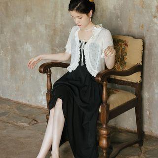 Short-sleeve Ruffle Cardigan / Spaghetti Strap Midi A-line Dress / Set